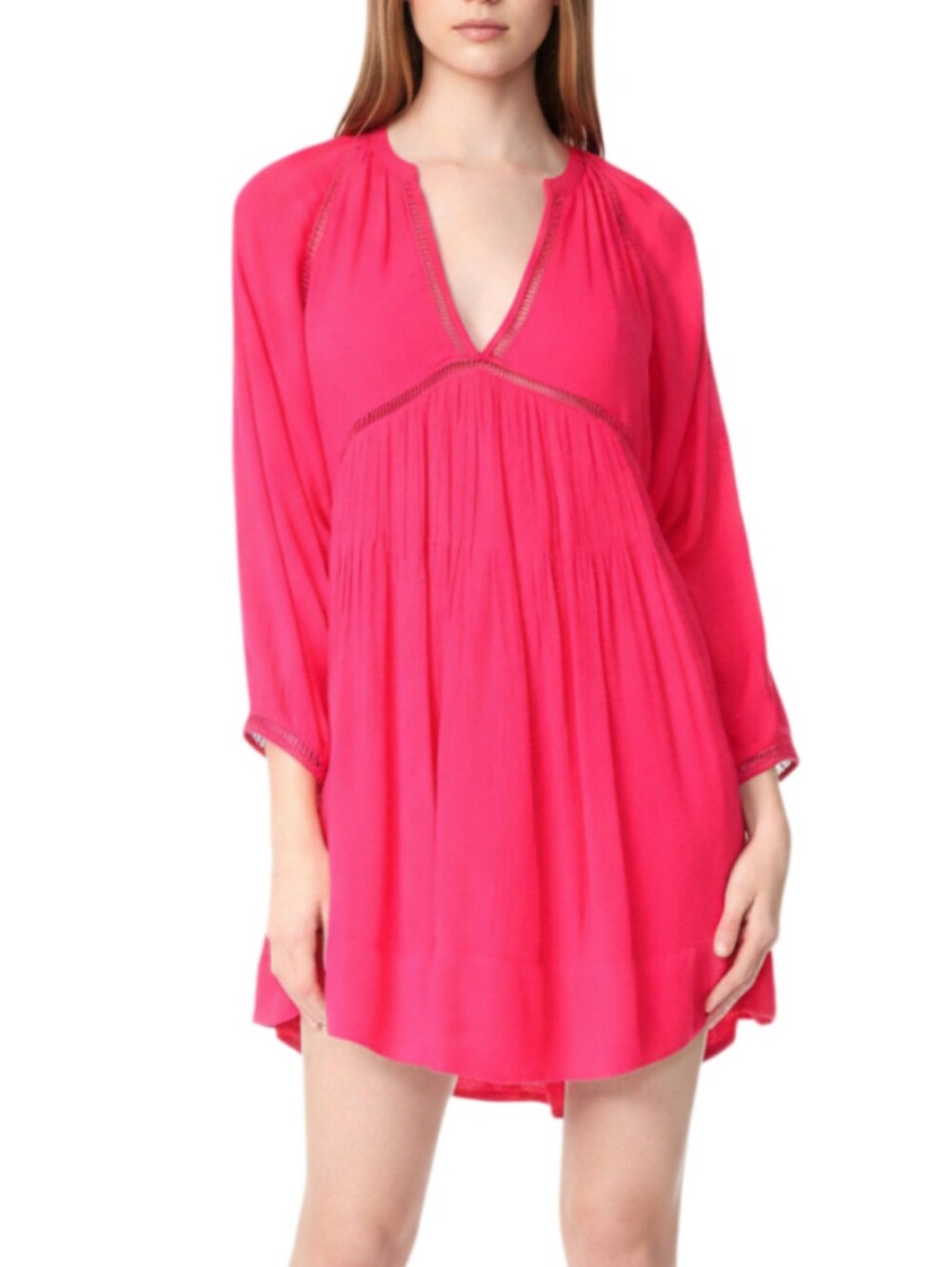 Free People Go Lightly V-Neck Swing Mini Dress Size S Hot Pink Boho Pleated NWT